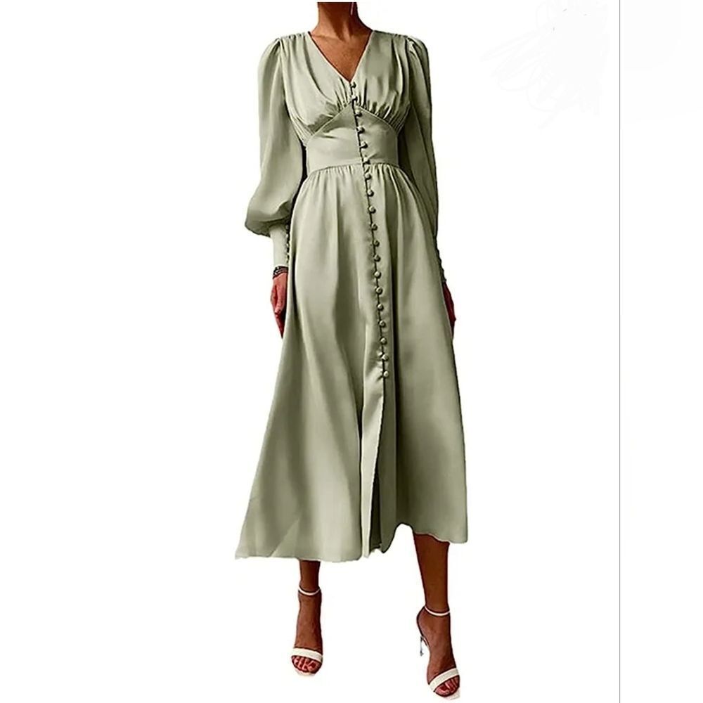 🔸️NWT Sage Green Vneck Button Front Lantern Sleeve Mid Calf Dress 5X